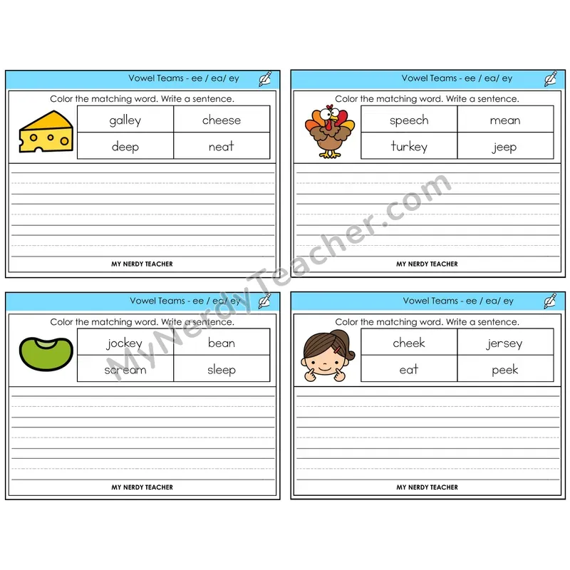 Long E Vowel Teams (ee, ea, ey) Color and Write a Sentence Task Cards — Decodable Sentences