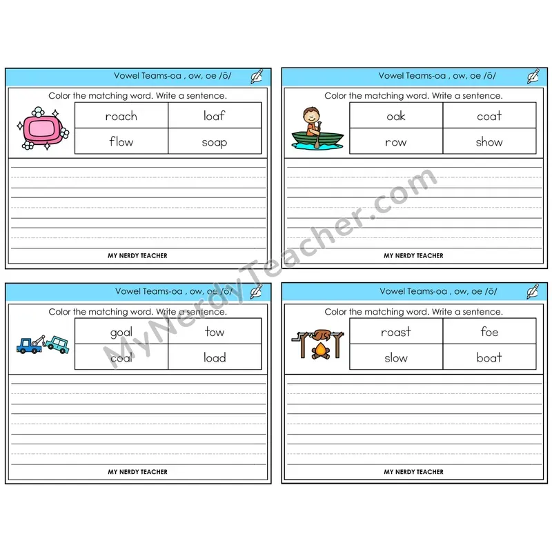 Long O Vowel Teams (oa, ow, oe) Color and Write a Sentence Task Cards — Decodable Sentences