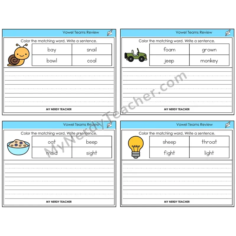 Long Vowel Teams Review Color and Write a Sentence Task Cards — Decodable Sentences