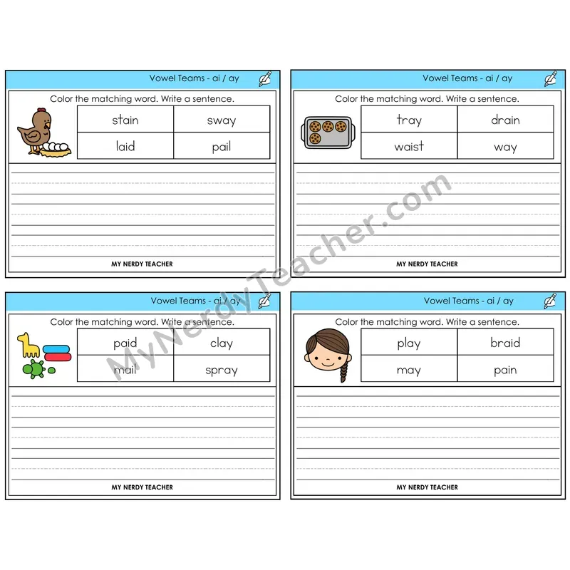 Long A Vowel Teams (ai, ay) Color and Write a Sentence Task Cards — Decodable Sentences