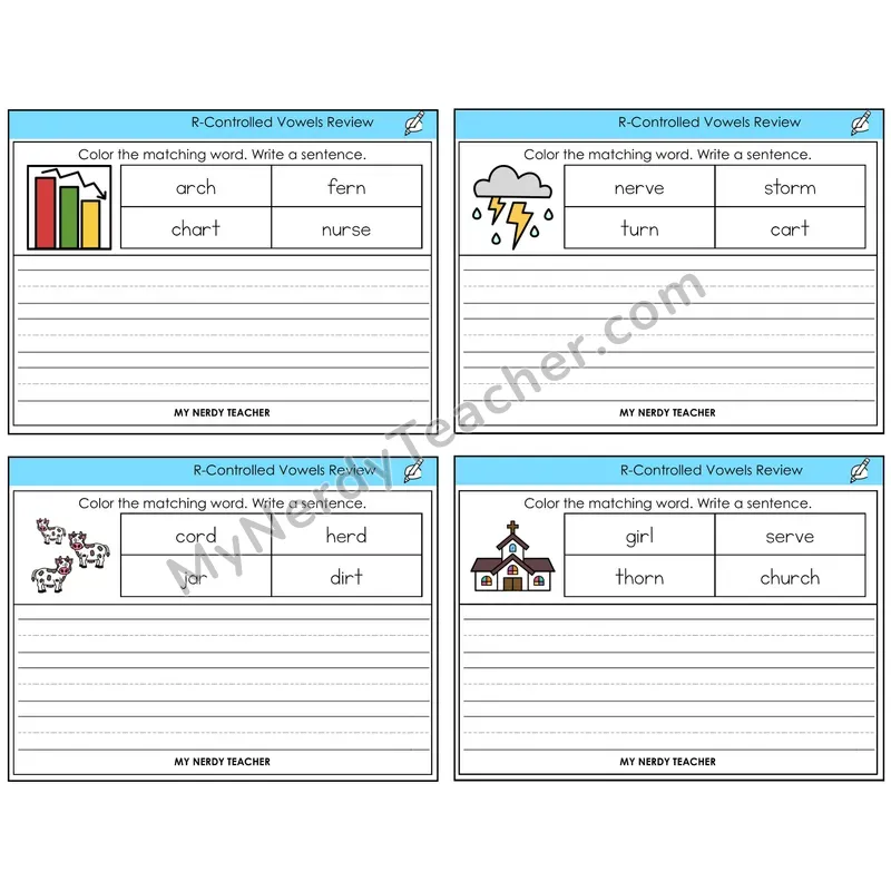 R-Controlled Vowels Review Color and Write a Sentence Task Cards — Decodable Sentences