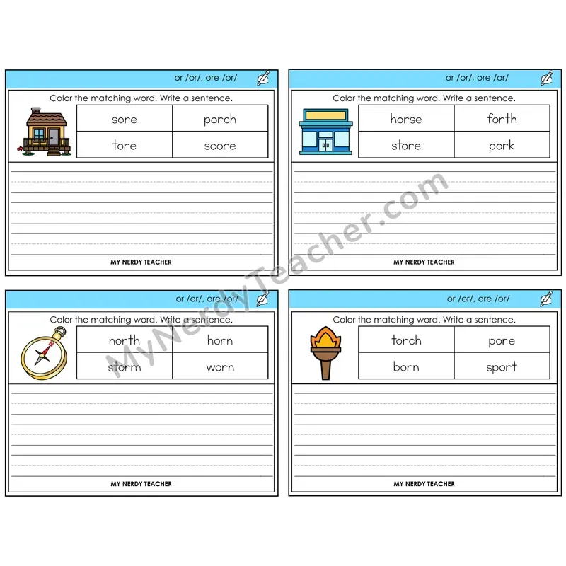 R-Controlled OR and ORE Color and Write a Sentence Task Cards — Decodable Sentences