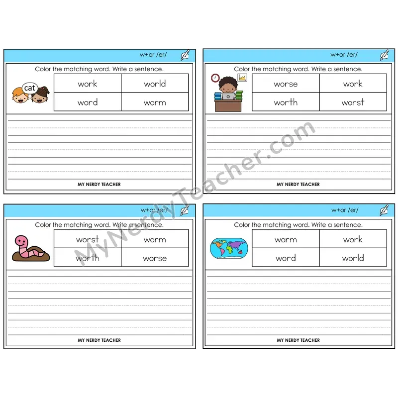 W+OR spelling /er/ Color and Write a Sentence Task Cards — Decodable Sentences