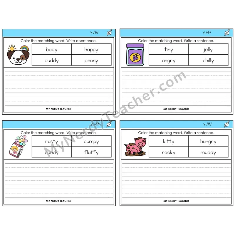 Y as Long E Color and Write a Sentence Task Cards — Decodable Sentences