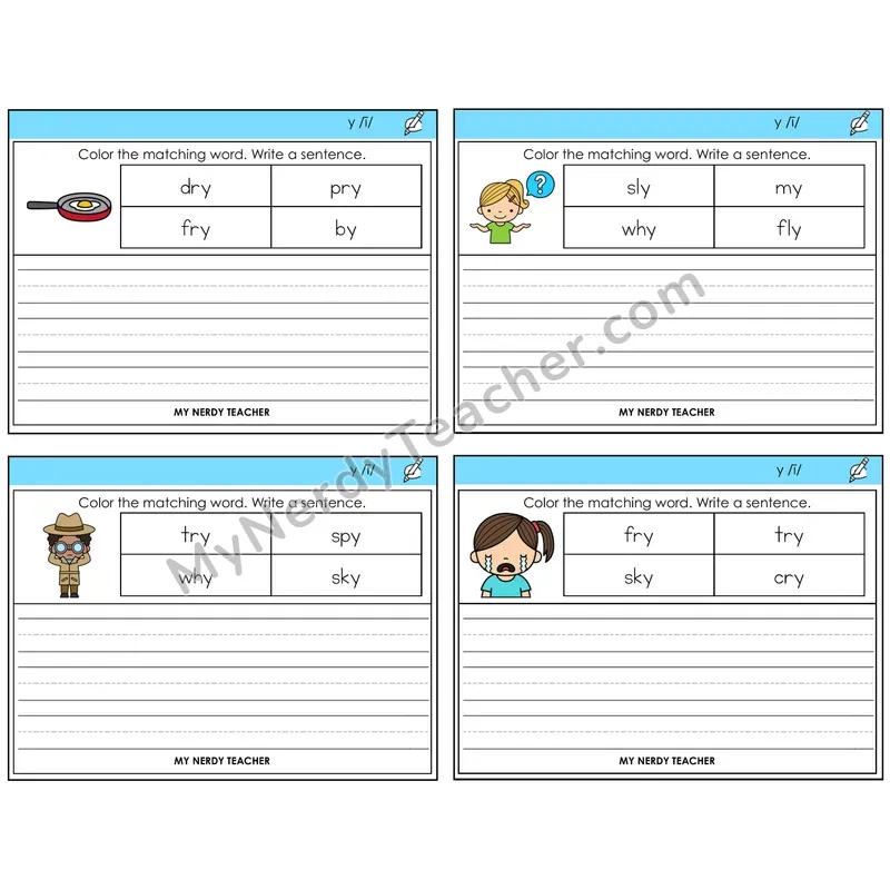 Y as Long I Color and Write a Sentence Task Cards — Decodable Sentences