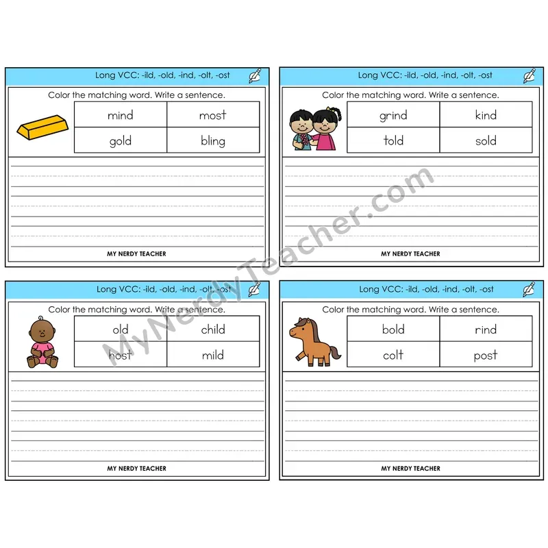 Long VCC Patterns Color and Write a Sentence Task Cards — Decodable Sentences