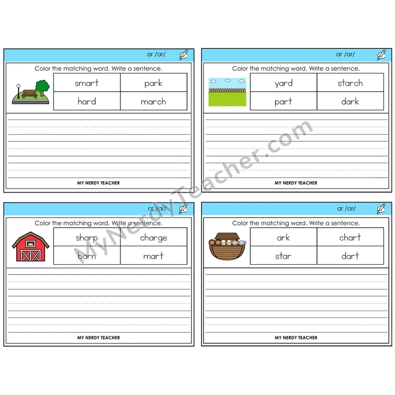R-Controlled AR Color and Write a Sentence Task Cards — Decodable Sentences