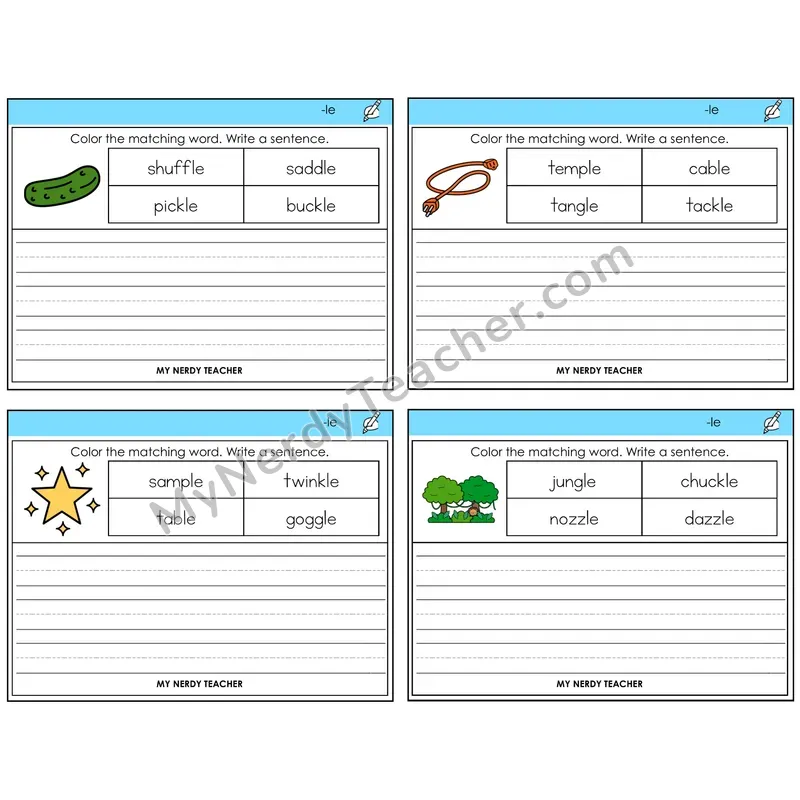 Consonant -le Color and Write a Sentence Task Cards — Decodable Sentences