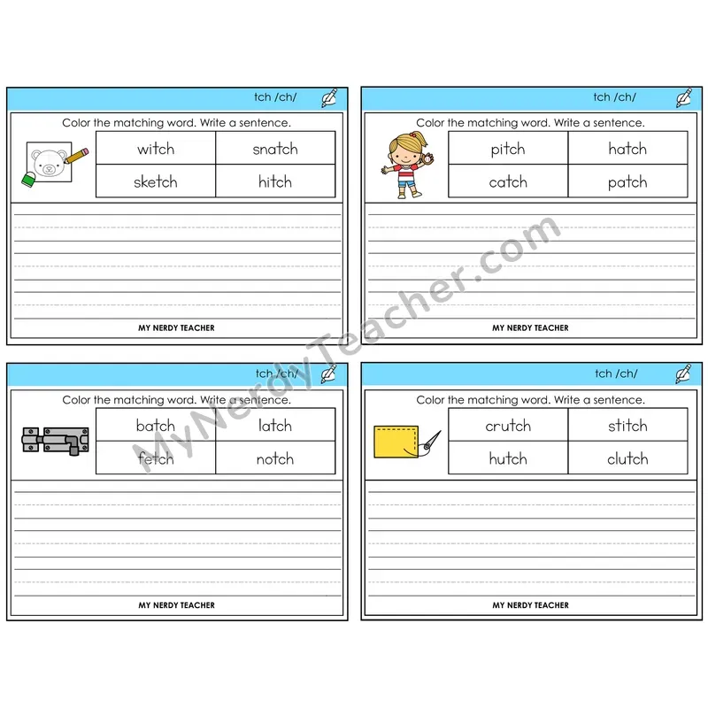 TCH Trigraph Color and Write a Sentence Task Cards — Decodable Sentences