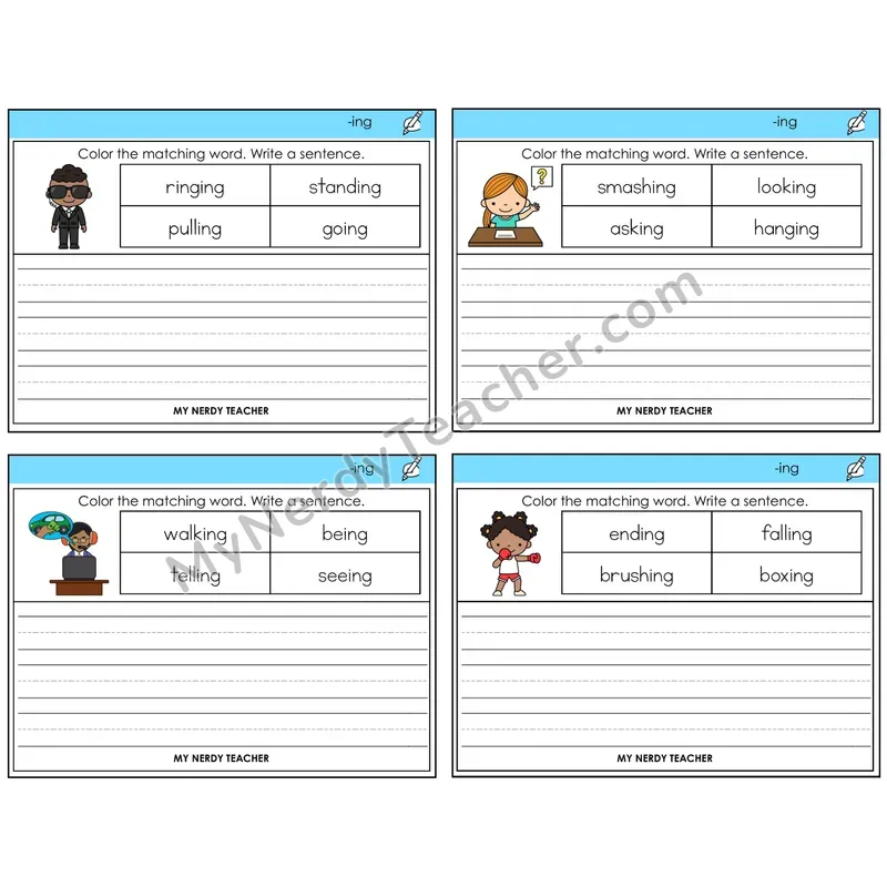 Suffix -ing Color and Write a Sentence Task Cards — Decodable Sentences