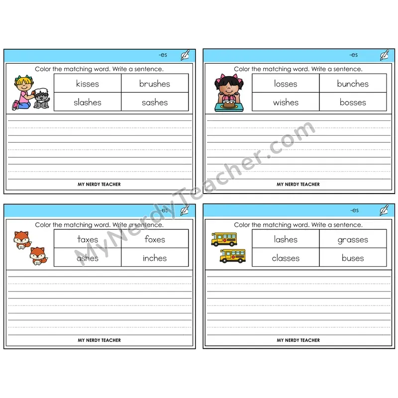 Suffix -es (Inflectional) Color and Write a Sentence Task Cards — Decodable Sentences