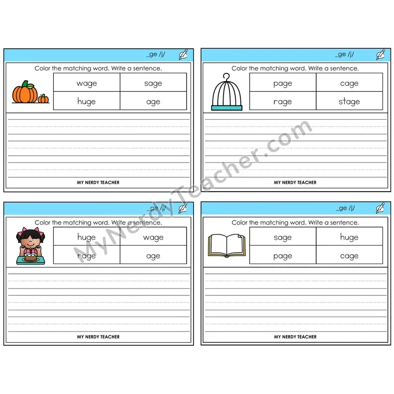 Soft G (_ge) Color and Write a Sentence Task Cards — Decodable Sentences