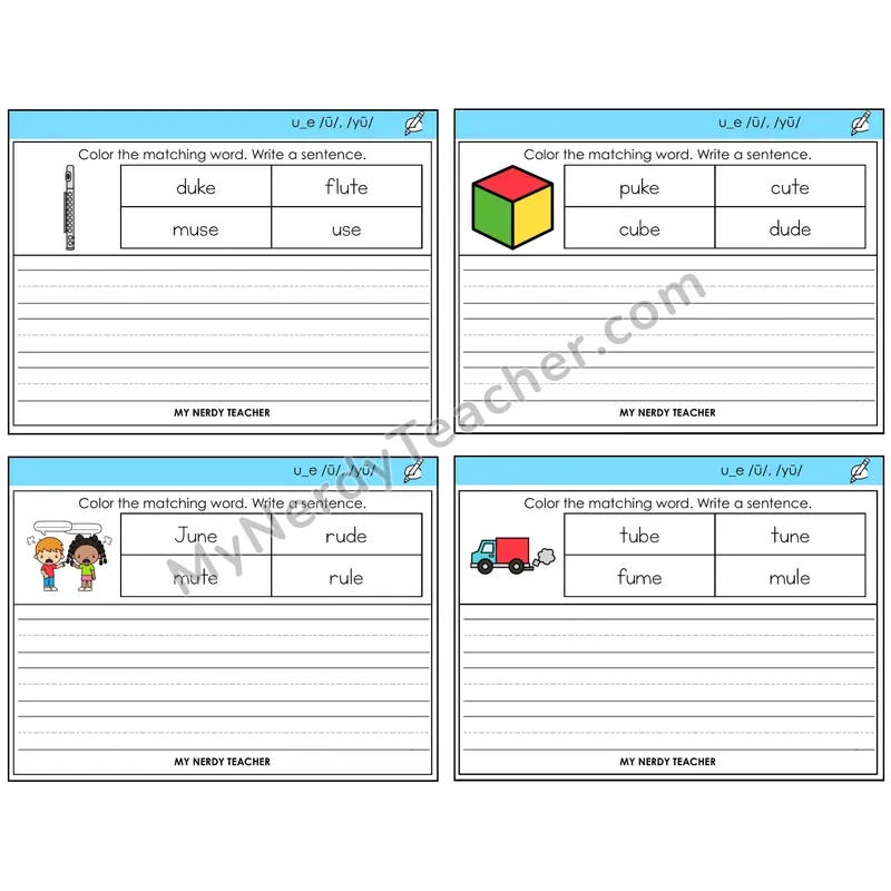 Long U VCe (u_e) Color and Write a Sentence Task Cards — Decodable Sentences