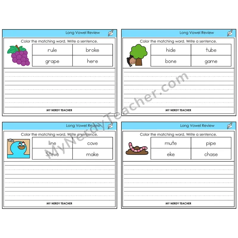 Long Vowels Review Color and Write a Sentence Task Cards — Decodable Sentences