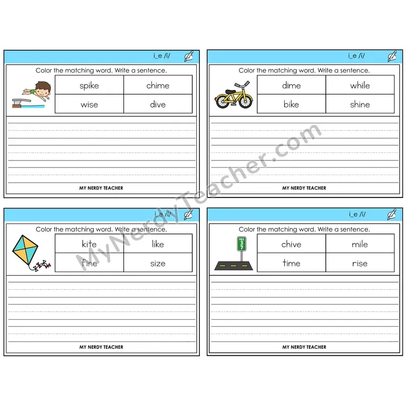 Long I VCe (i_e) Color and Write a Sentence Task Cards — Decodable Sentences