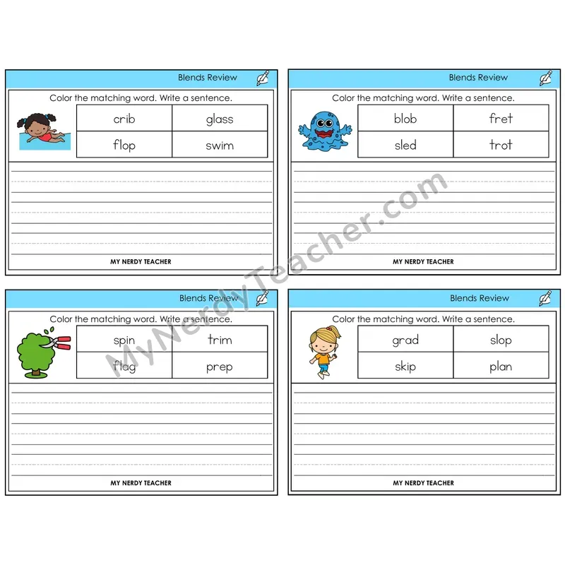 Blends Review Color and Write a Sentence Task Cards — Decodable Sentences