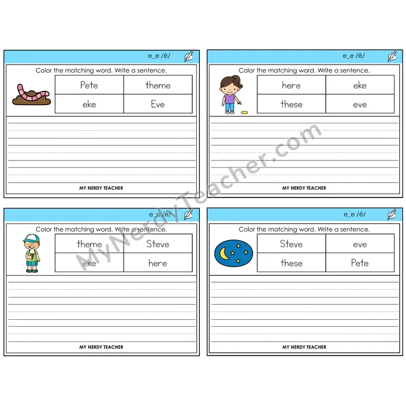 Long E VCe (e_e) Color and Write a Sentence Task Cards — Decodable Sentences