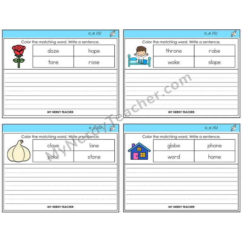 Long O VCe (o_e) Color and Write a Sentence Task Cards — Decodable Sentences