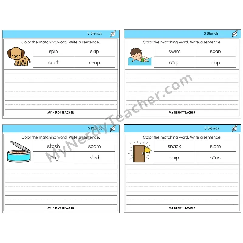 S Blends Color and Write a Sentence Task Cards — Decodable Sentences