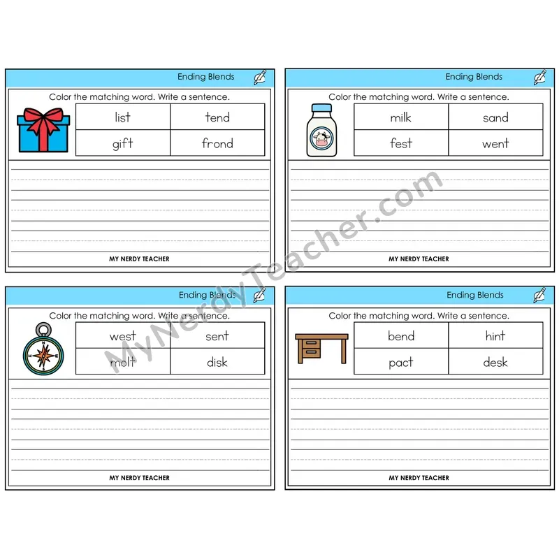 Ending Blends Color and Write a Sentence Task Cards — Decodable Sentences