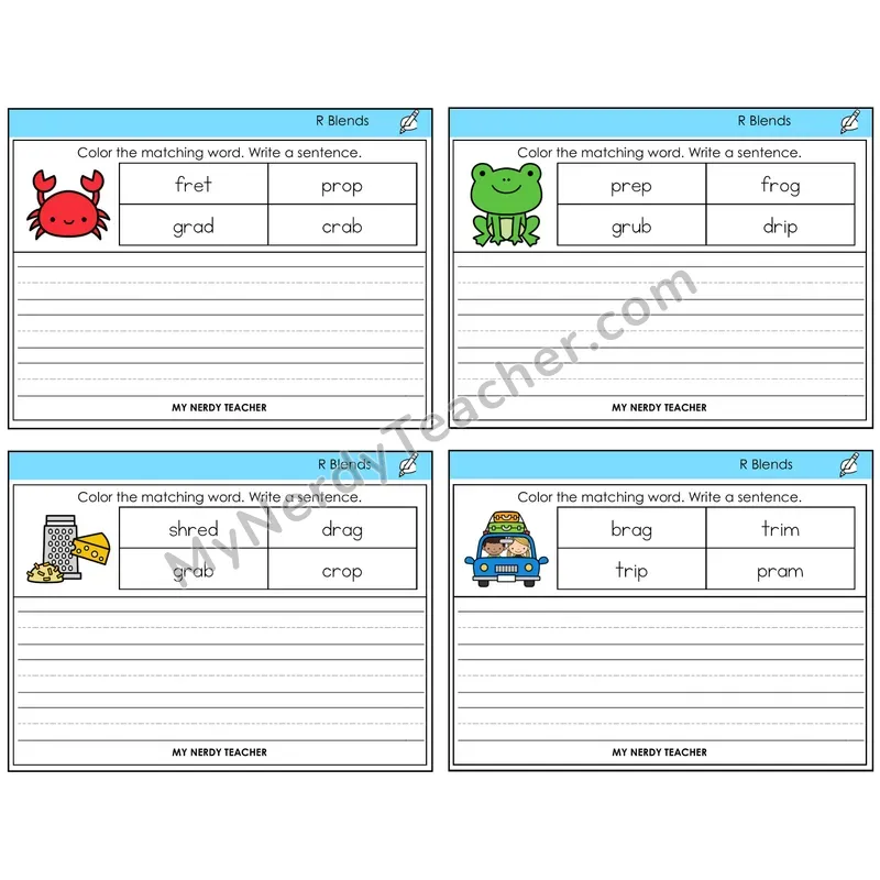 R Blends Color and Write a Sentence Task Cards — Decodable Sentences