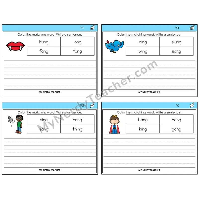 NG Digraph Color and Write a Sentence Task Cards — Decodable Sentences