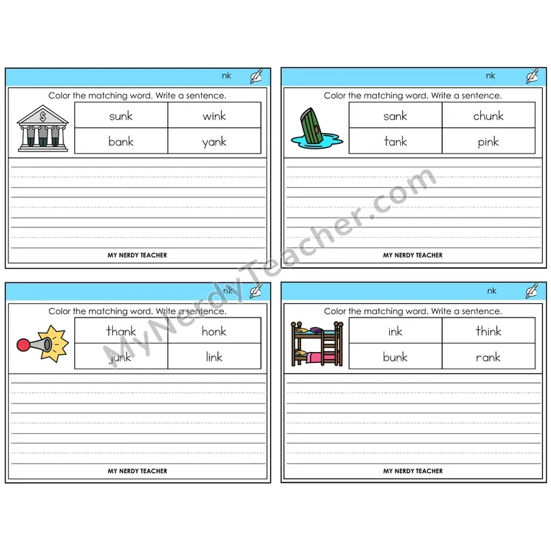 NK Digraph Color and Write a Sentence Task Cards — Decodable Sentences