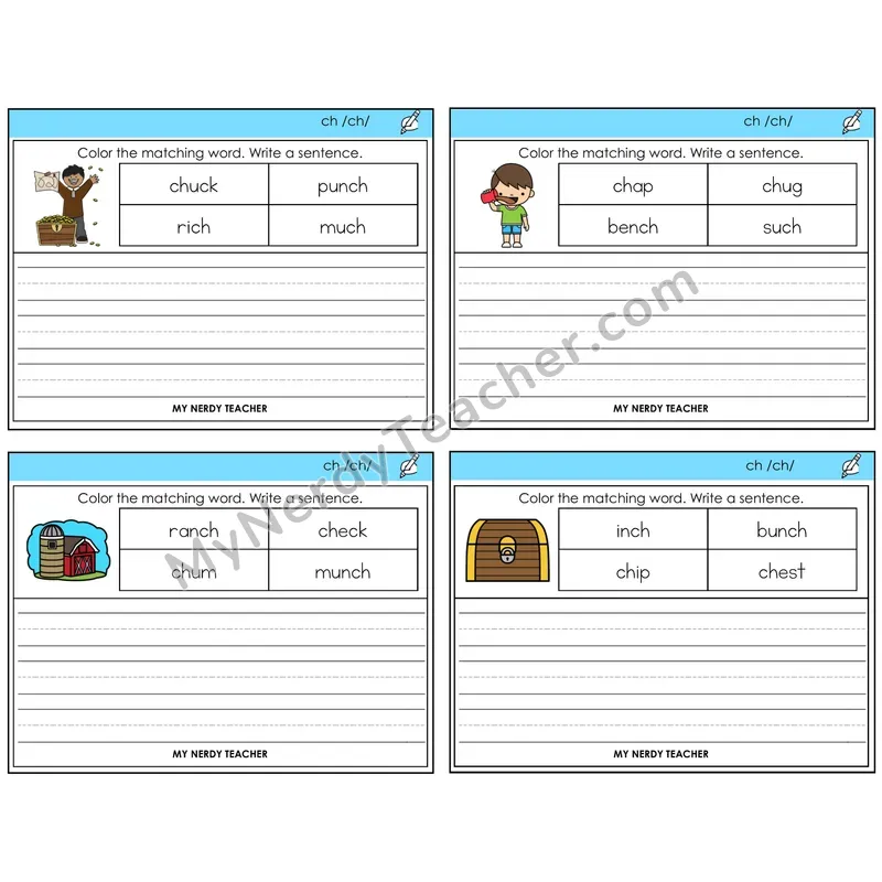 CH Digraph Color and Write a Sentence Task Cards — Decodable Sentences