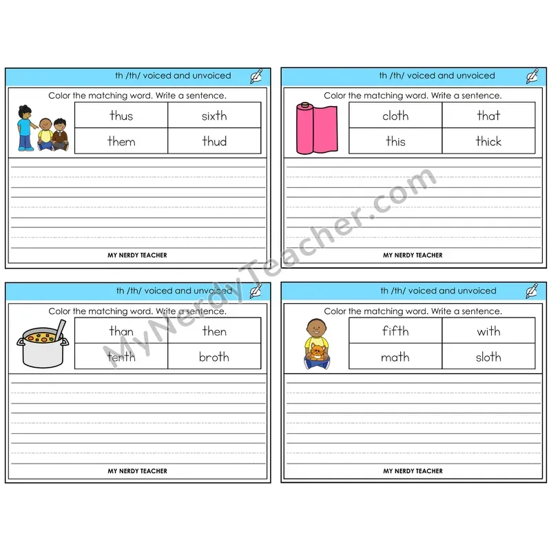TH Digraph (Voiced + Unvoiced) Color and Write a Sentence Task Cards — Decodable Sentences