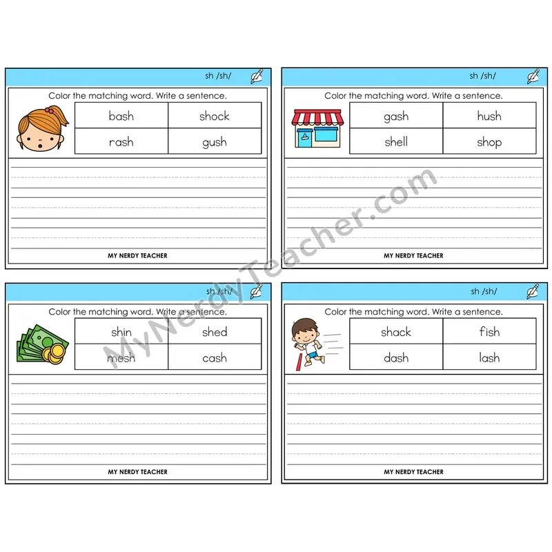 SH Digraph Color and Write a Sentence Task Cards — Decodable Sentences