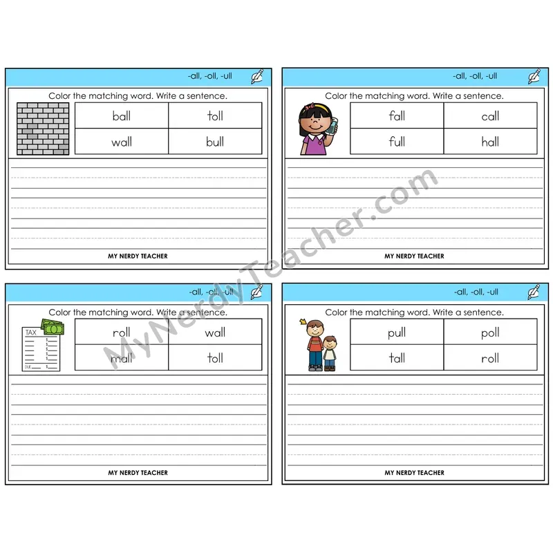 All, Oll, Ull Color and Write a Sentence Task Cards — Decodable Sentences