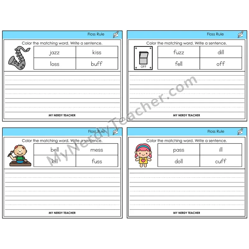 Floss Rule (ff, ll, ss, zz) Color and Write a Sentence Task Cards — Decodable Sentences