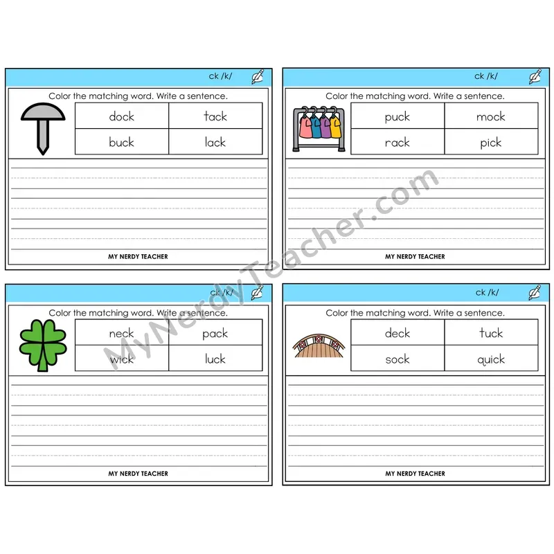 CK Digraph Color and Write a Sentence Task Cards — Decodable Sentences