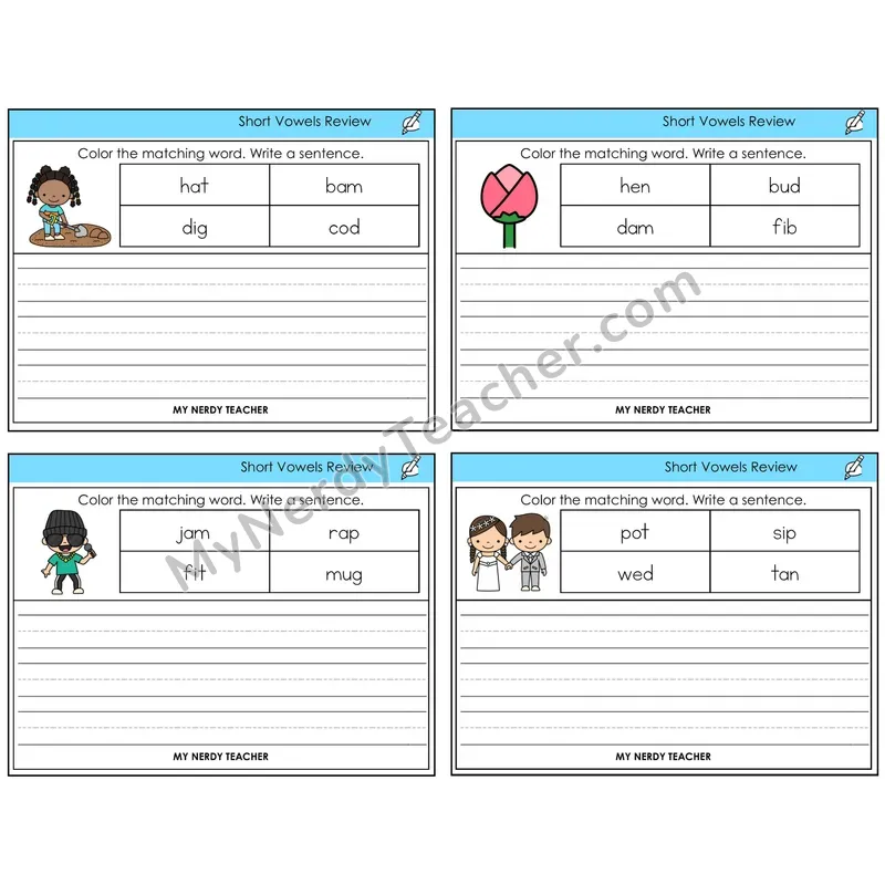 Short Vowels Review Color and Write a Sentence Task Cards — Decodable Sentences