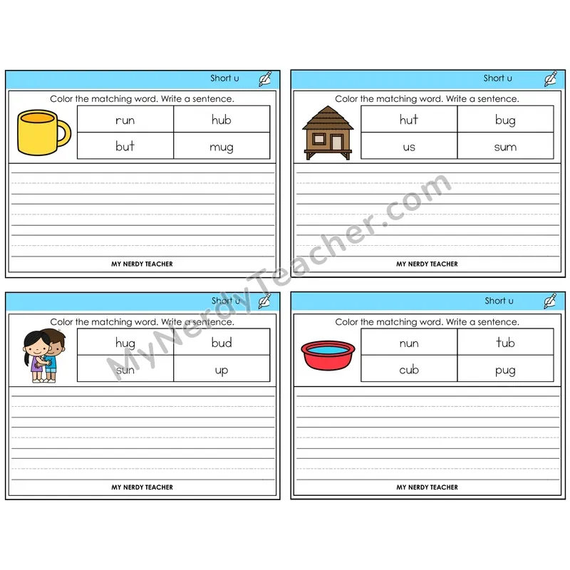 Short U Color and Write a Sentence Task Cards — Decodable Sentences