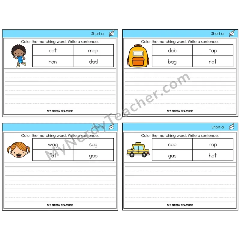 Short A Color and Write a Sentence Task Cards — Decodable Sentences