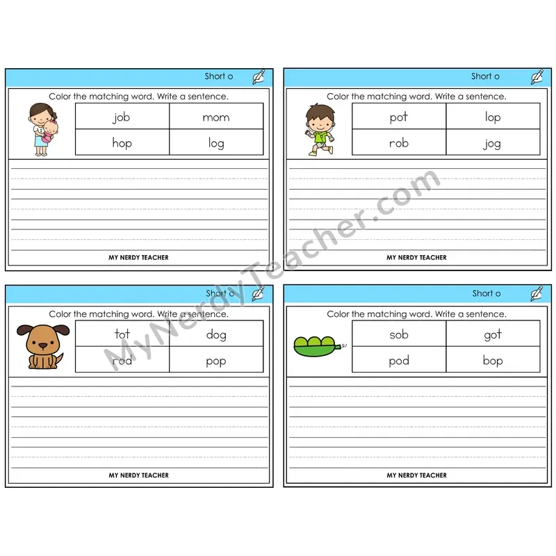 Short O Color and Write a Sentence Task Cards — Decodable Sentences