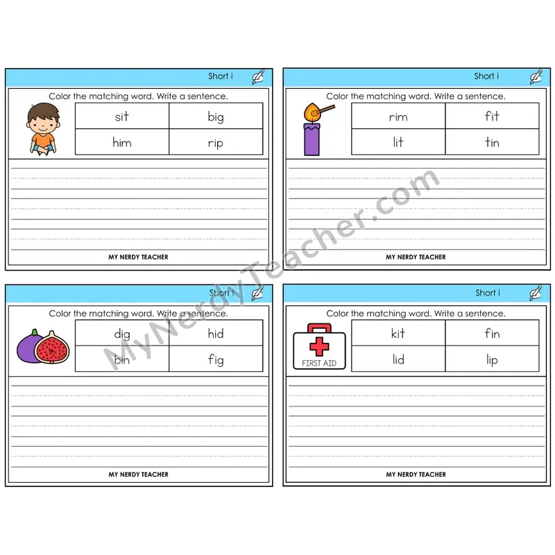 Short I Color and Write a Sentence Task Cards — Decodable Sentences