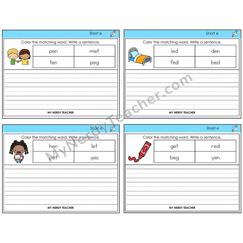 Short E Color and Write a Sentence Task Cards — Decodable Sentences