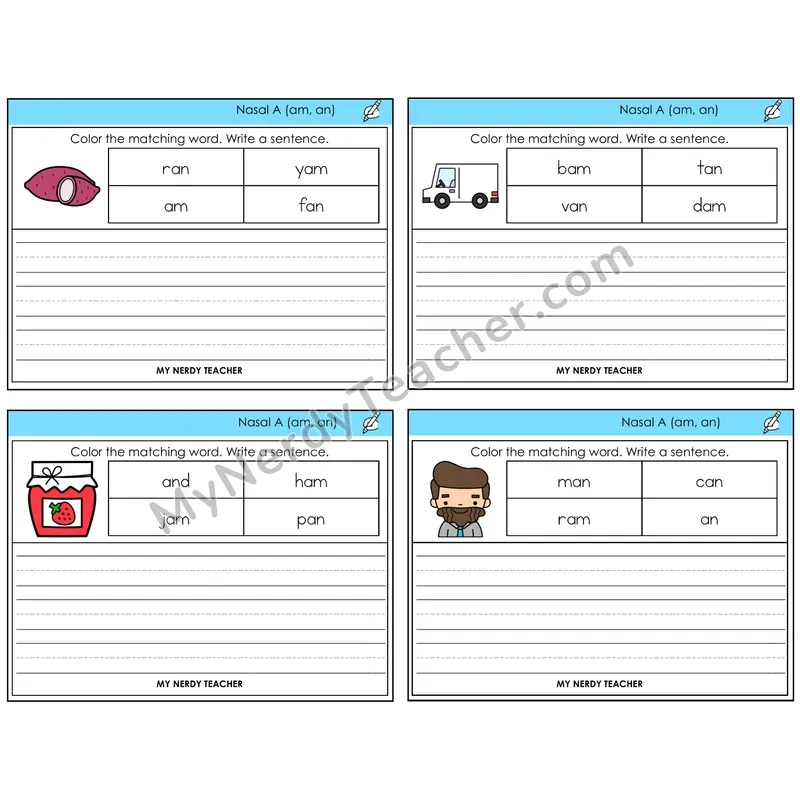 Nasalized A (am, an) Color and Write a Sentence Task Cards — Decodable Sentences