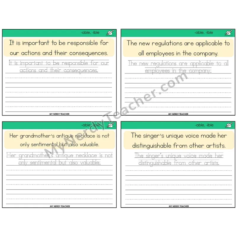 Suffixes -able and -ible Read It Trace It Write It Task Cards — Decodable Sentences