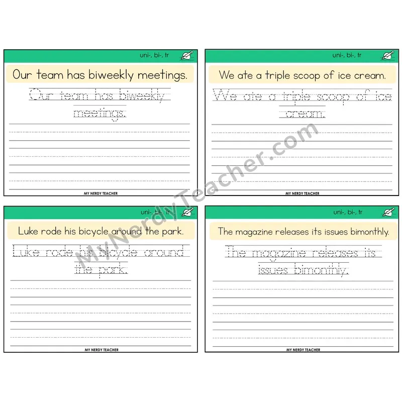 Prefixes uni-, bi-, tri- Read It Trace It Write It Task Cards — Decodable Sentences