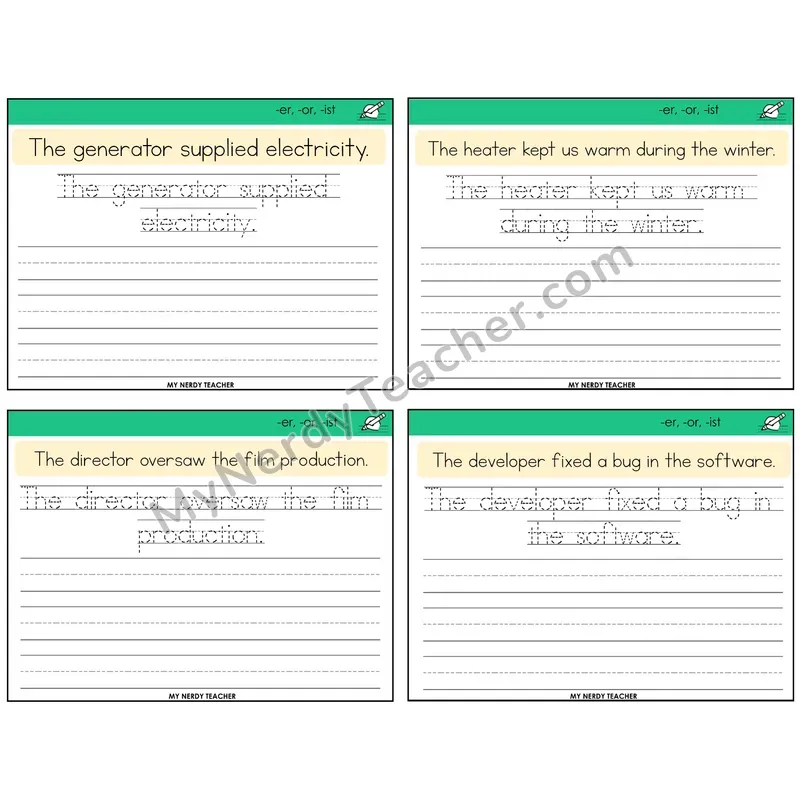 Suffixes -er, -or, -ist Read It Trace It Write It Task Cards — Decodable Sentences