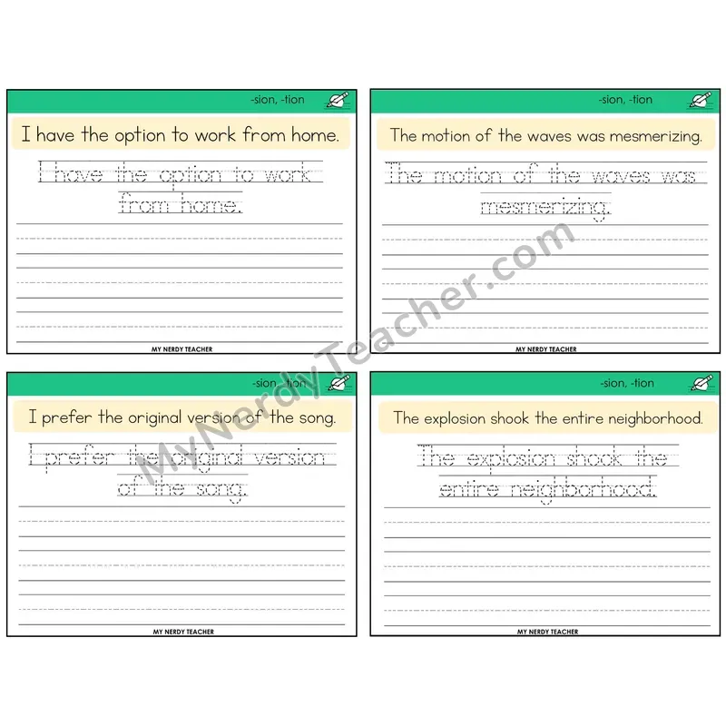Suffixes -sion and -tion Read It Trace It Write It Task Cards — Decodable Sentences