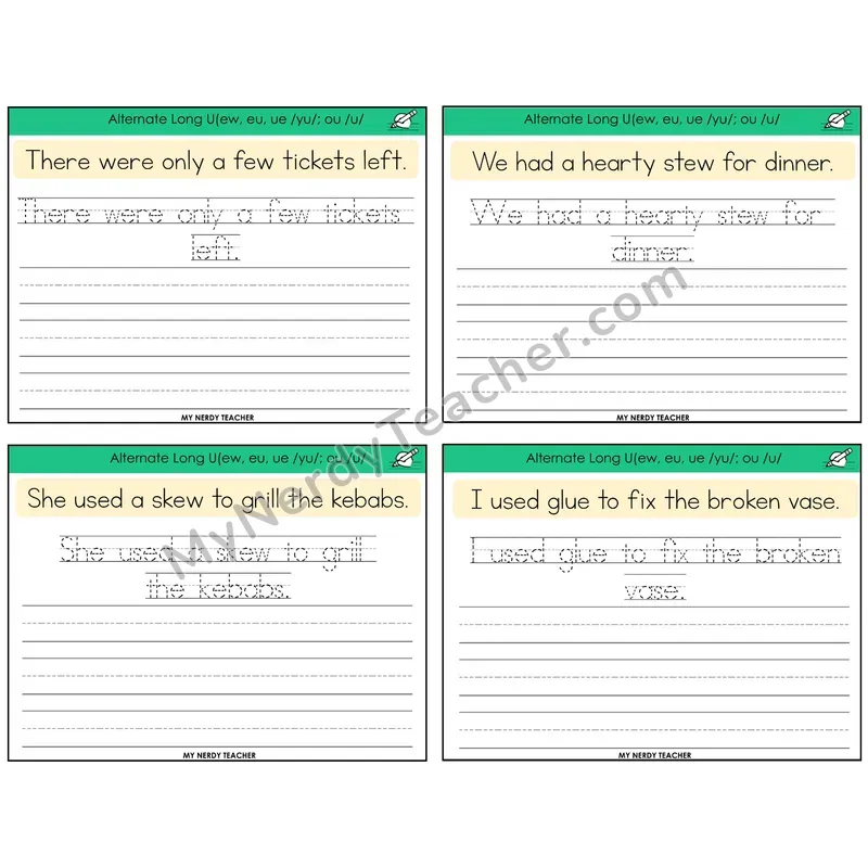 Alternate Long U Spellings Read It Trace It Write It Task Cards — Decodable Sentences