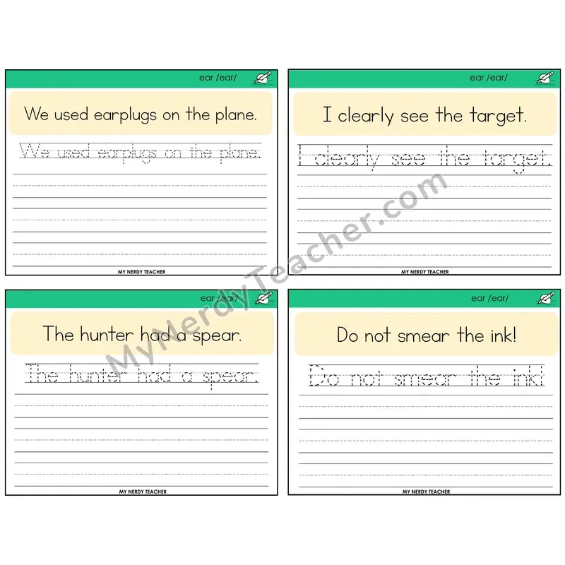 ear (/ear/) Read It Trace It Write It Task Cards — Decodable Sentences