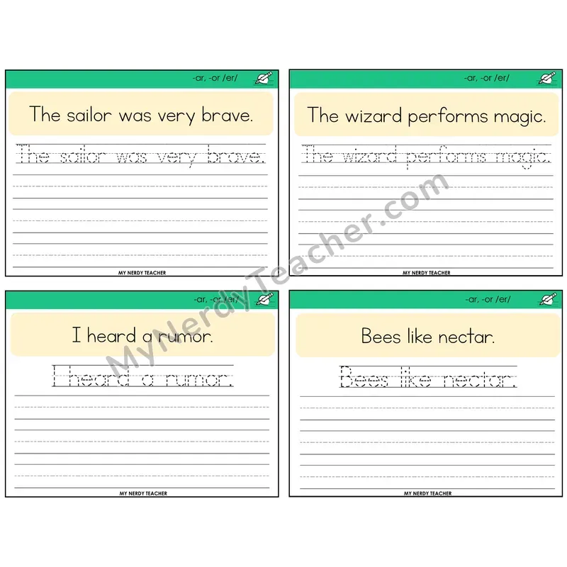 -ar and -or (/er/) Read It Trace It Write It Task Cards — Decodable Sentences