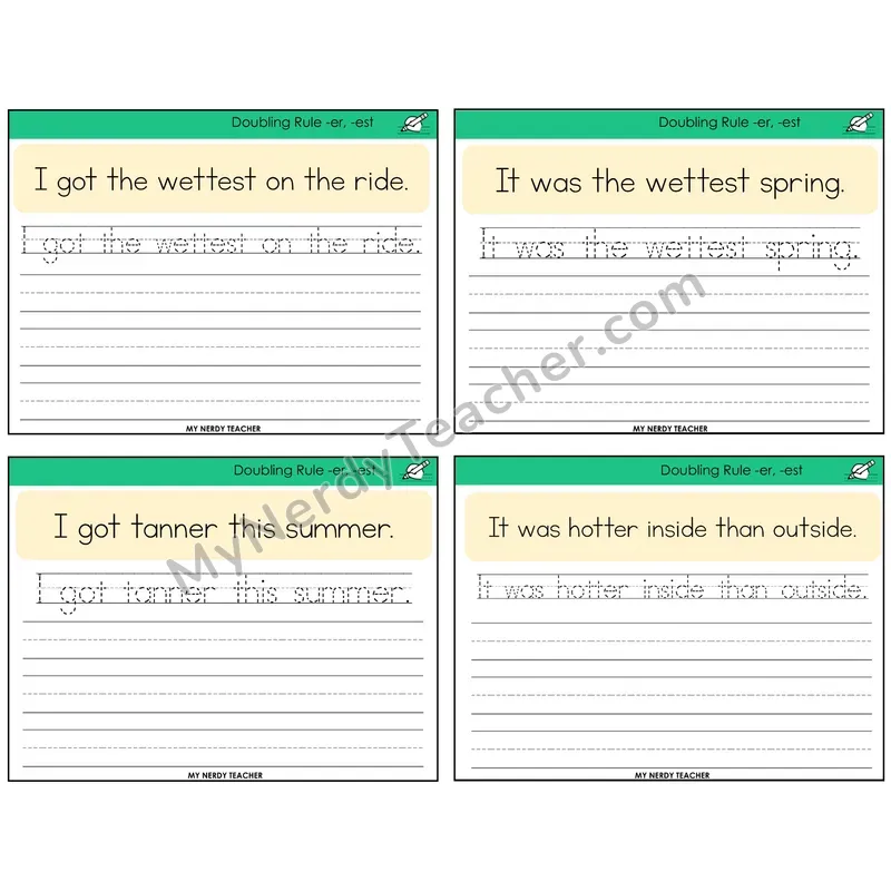 Doubling Rule -er, -est Read It Trace It Write It Task Cards — Decodable Sentences