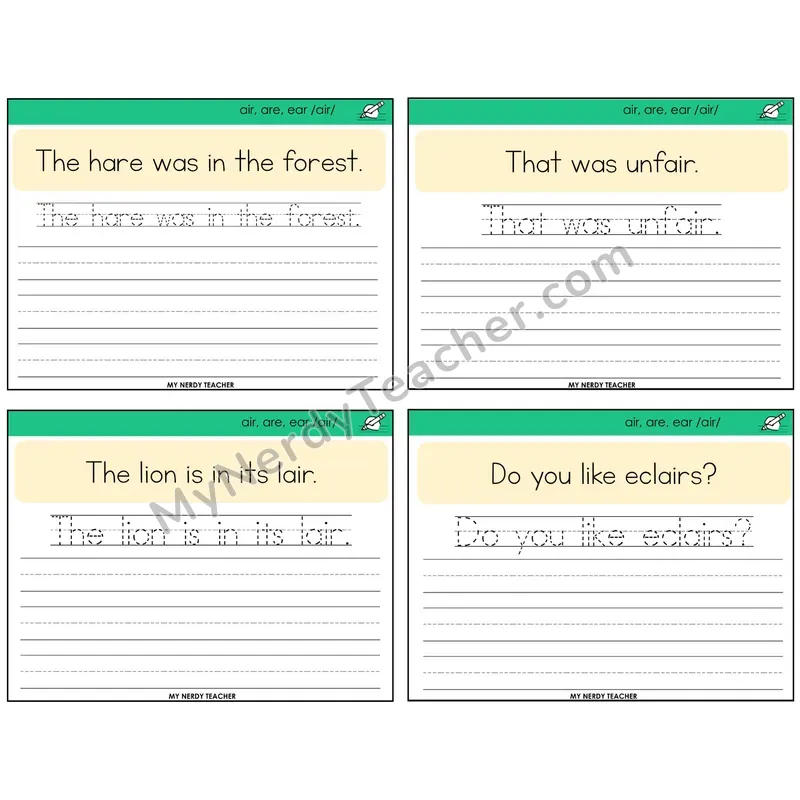 air, are, ear (/air/) Read It Trace It Write It Task Cards — Decodable Sentences