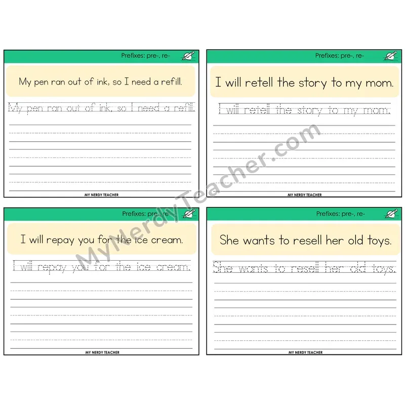 Prefixes pre- and re- Read It Trace It Write It Task Cards — Decodable Sentences